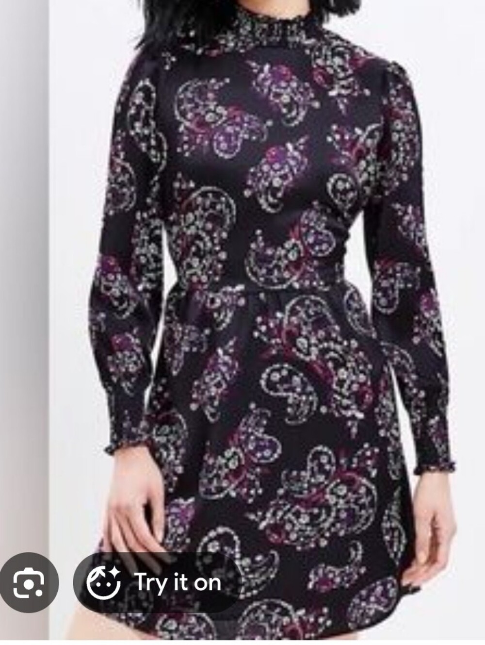 Loft Paisley Dress Smocked High Neck LS Elastic Cuffs Lined Size 0 Black